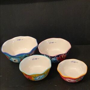 Pioneer Woman ~ Set of Four (4) Stoneware Measuring Cups/Bowls ~ Vintage Rose